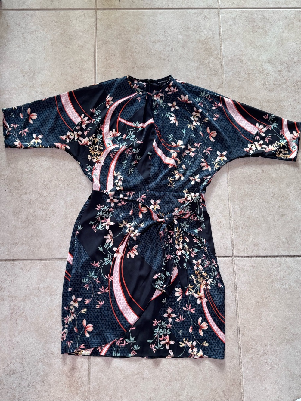 Maggy London Floral Print Black Wrap Dress with Pink Accents Size 10